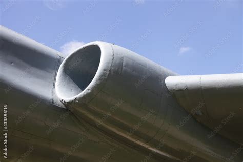 Turbojet engine of a flying Soviet supersonic military aircraft close ...