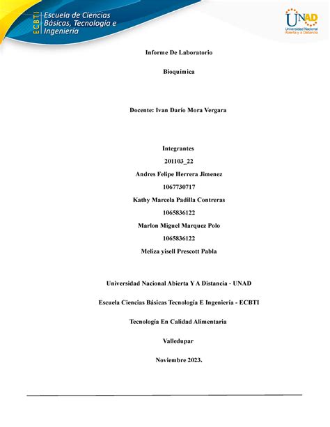 Informe De Practicas Bioquimica Informe De Laboratorio Bioqu Mica