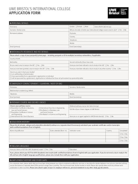 Fillable Online Uwe Bristol S International College Application Form