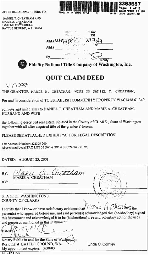 Printable Example Of A Quit Claim Deed Completed