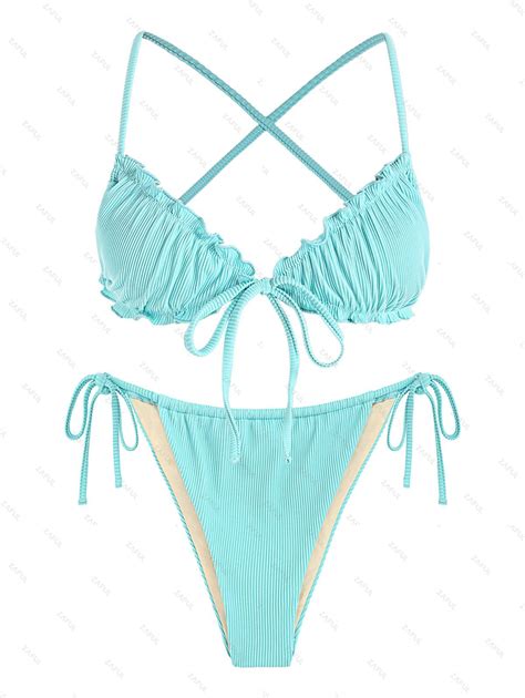 Ribbed Ruffle Criss Cross Tie Side Loincloth Bikini Set In GREEN