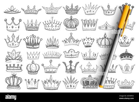 Elegant Crowns For Kings Doodle Set Collection Of Hand Drawn Stylish