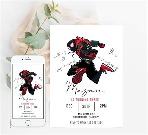 Spider Man Miles Morales Invitation Birthday Party Invite Spidey