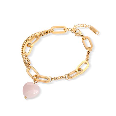 Jeulia Pulsera de cuarzo rosa natural con diseño de cadena y forma de