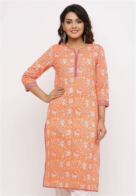 Sanganeri Printed Cotton Straight Kurta In Orange TXQ80