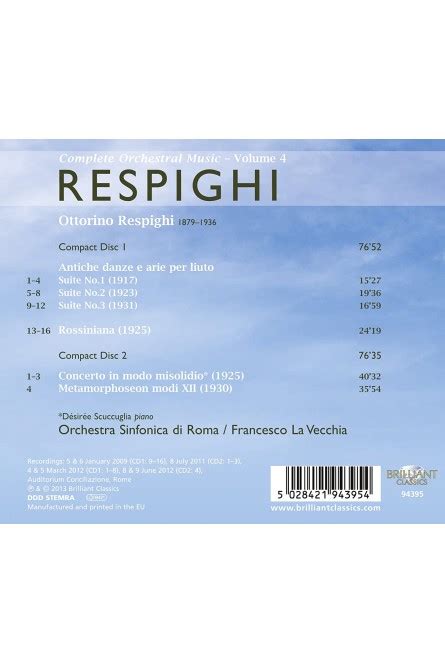 RESPIGHI Orchestral Works Vol 4 CD De Audio Orchestra Sinfonia Di