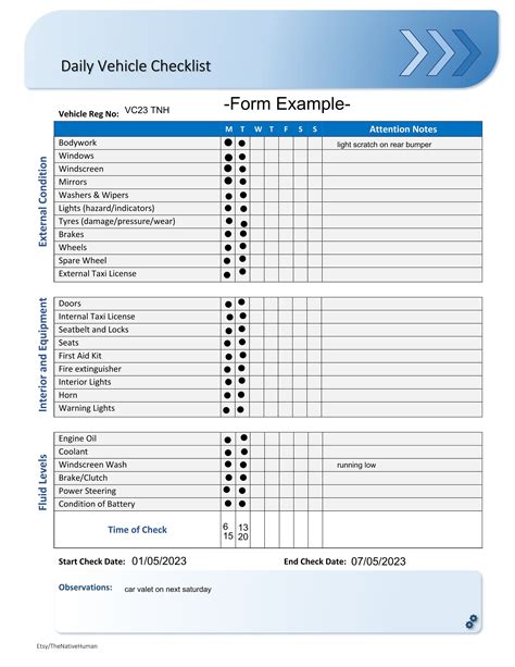 Taxivehicle Daily Checklist Etsy