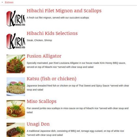 Kirin Japanese Cuisine Menu In Hammond Louisiana Usa