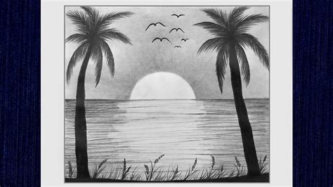 Pencil Drawing for Beginners, Sunset Scenery Landscape Drawing, Lake ...