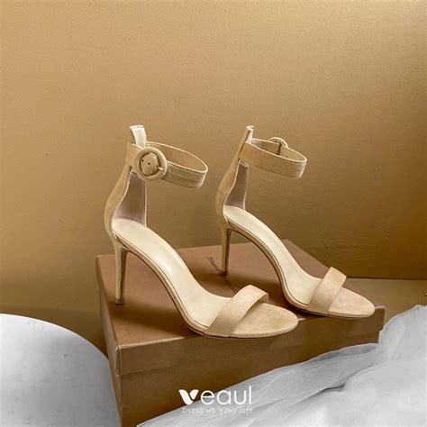 Modest Simple Nude Casual Womens Sandals Leather Ankle Strap Cm Stiletto Heels Open