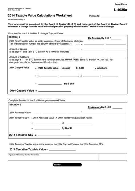 Fillable Form 3128 Taxable Value Calculations Worksheet 2014