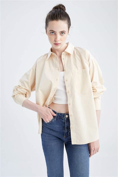 Beige Woman Oversize Fit Shirt Collar Poplin Long Sleeve Shirt