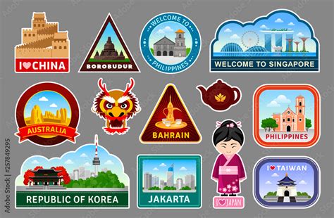 Big set of travel stickers with famous asian monuments and landmarks ...