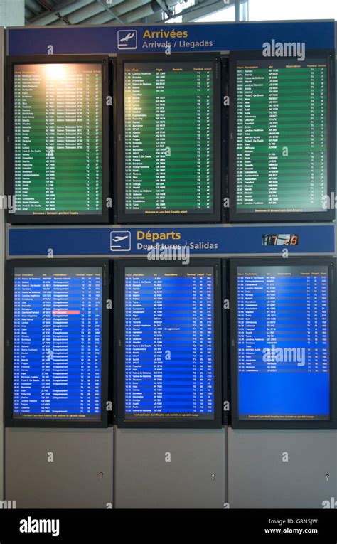 Arrivals and departures monitors at Saint Exupéry Airport, Lyon, France ...