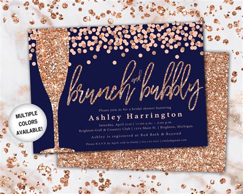 Brunch And Bubbly Bridal Shower Invitation Rose Gold And Navy Brunch And Bubbly Invitation