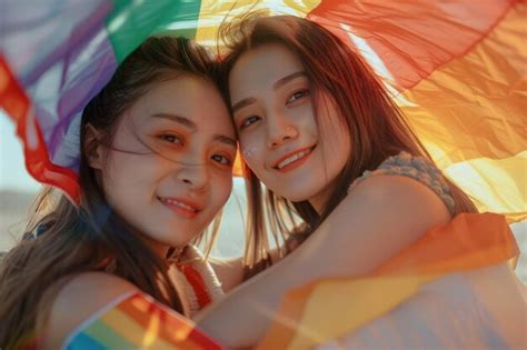 Premium Photo Happy Asian Lesbian Couple Embracing Under Lgbtq Pride Flag