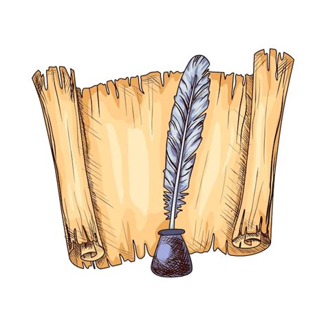 Premium Vector | Old open parchment and feather in inkwell. education