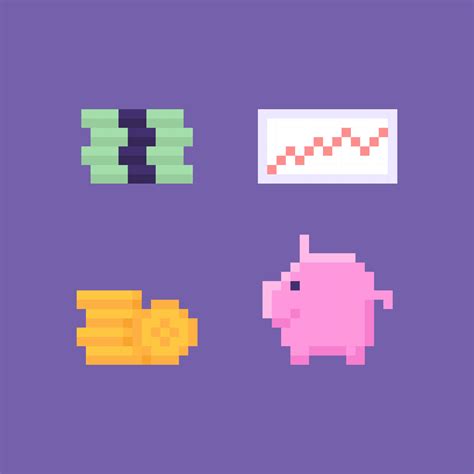 Pixel Icons And Symbols Pile Of Money Coins Piggy Bank Data Graph