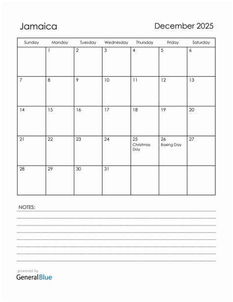 December 2025 Jamaica Calendar with Holidays