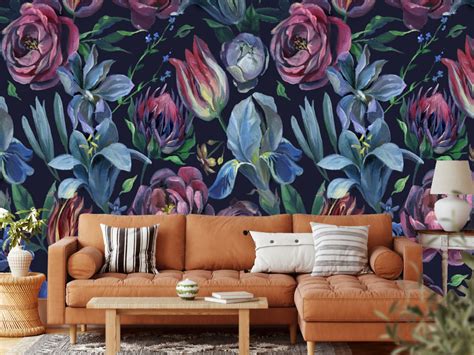 Floral Peel and Stick Wallpaper Dark Floral Wall Mural - Etsy