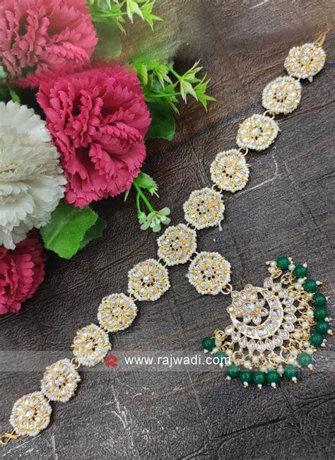 Gold Plated Green Matha Patti In Studded Kundan