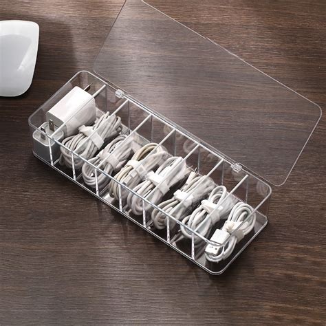 8 Grids Clear Plastic Cable Storage Box Data Cable Storage Container Save Space Cable Management ...