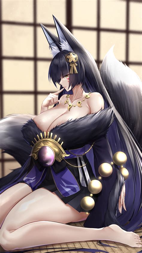 Long Hair Dark Hair Solo Fox Girl Fox Ears Fox Tail Cleavage Big Boobs Anime Anime