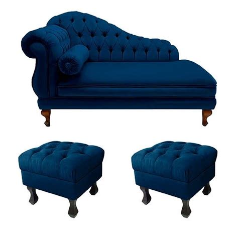 Divã Recamier Namoradeira Larissa 150cm 2 Puffs Retrô Suede Azul