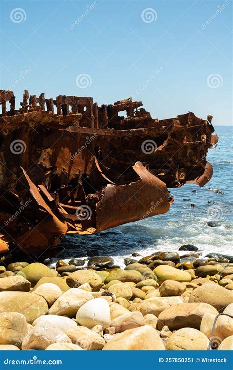 Vertical Shit Of An Old Rusty Wrecked Ship On Oudekraal Beach Stock