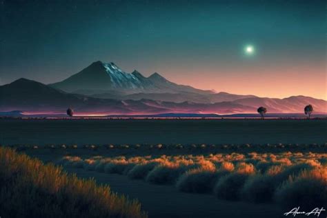 Mountain Farm Landscape with Night Sky Graphic by Alone Art · Creative ...