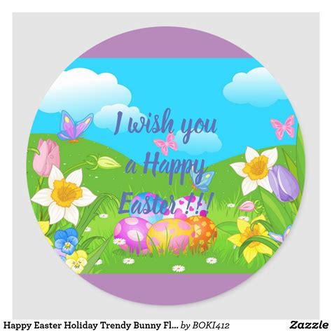 Happy Easter Holiday Trendy Bunny Floral Classic Round Sticker Zazzle