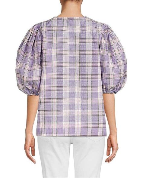 Ganni Seersucker Plaid Puff Sleeve Top In Purple Lyst