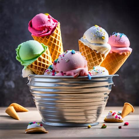 Vários cones de sorvete de merengue colorido no balde em fundo escuro