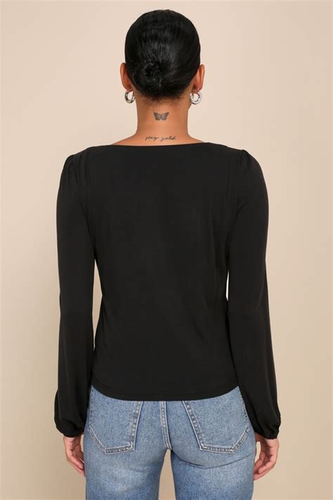 Black V Neck Top Jersey Knit V Neck Top Long Sleeve Top Lulus