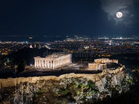 Aerial Night View of the Illuminated Parthenon Temple at the Acropolis ...