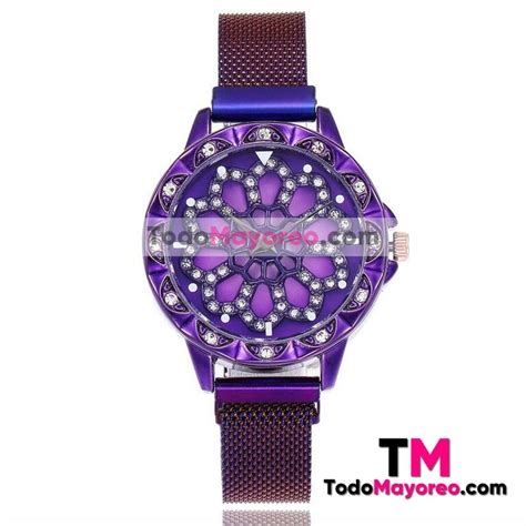 Reloj Morado Extensible Metal Mesh ImanCaratula Plata Flor De Loto