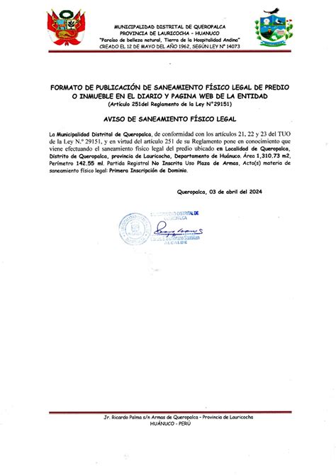 Aviso de Saneamiento Físico Legal Noticias Municipalidad Distrital