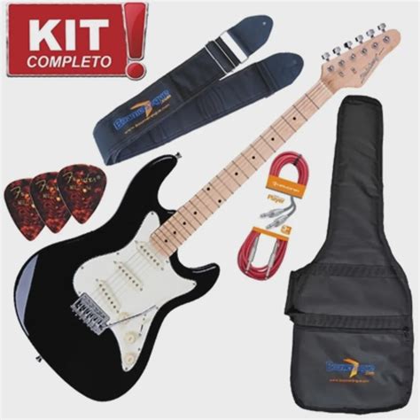 Kit Guitarra Elétrica Strato Sts100 Bk Preto Strinberg Completo Submarino