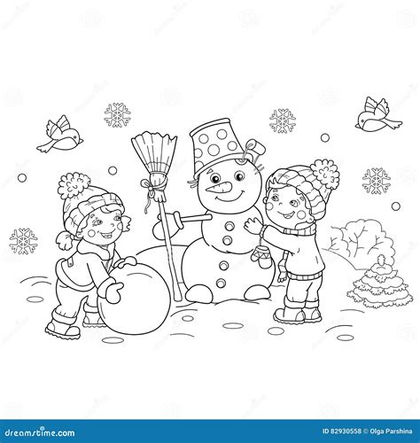 Coloring Page Outline Of Cartoon Boy With Girl Making Snowman Stock