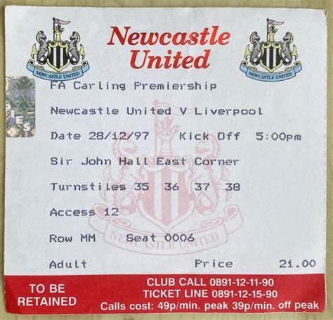 1997/98 ORIGINAL FA PREMIERSHIP TICKET NEWCASTLE UNITED V LIVERPOOL ...