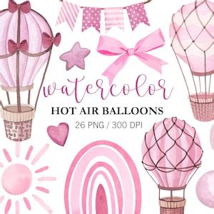 Watercolor Hot Air Balloons Clipart PNG Pink Balloons Clipart Nursery Decor Baby Shower