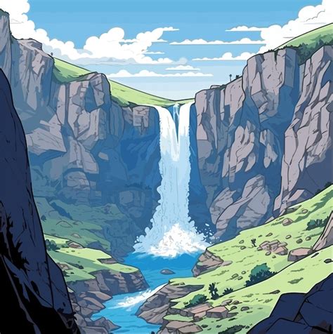 Een Cartoon Van Een Waterval Met Een Blauwe Lucht En Groene Bomen Op De