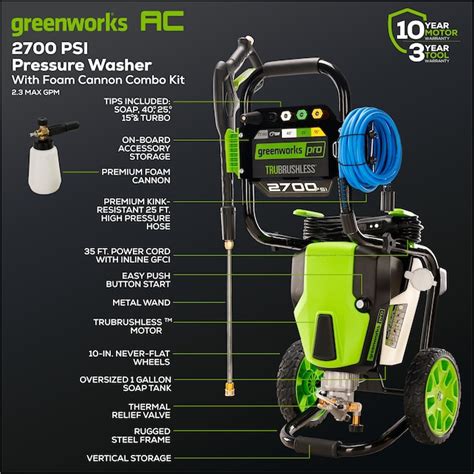 Greenworks 2700 Psi 2 3 Gpm Cold Water Electric Pressure Washer With 5 Spray Tips Gpw2700fc At