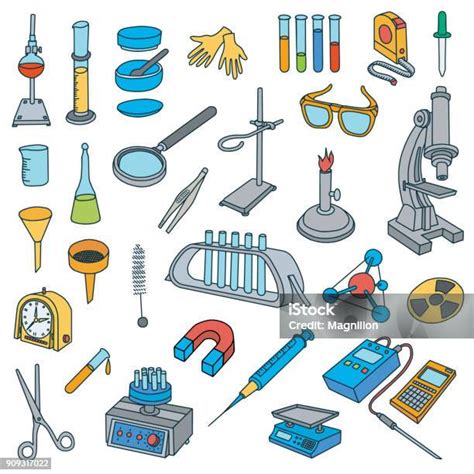 doodle peralatan laboratorium kimia ilustrasi stok  gambar
