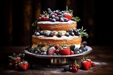 Premium Photo Rustic Naked Cake Topped With Berries And Powdered Sugar