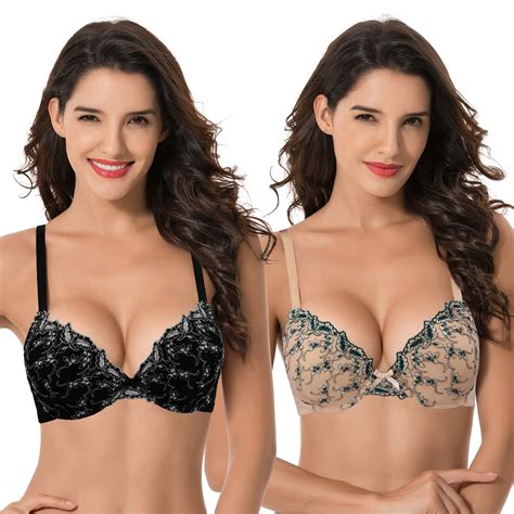 Curve Muse Women S Plus Size Add Cup Push Up Underwire Lace Embroidery Bras Pk Nude Black C
