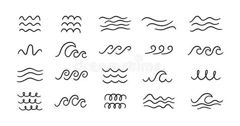 Doodle Sea Wave Icons Hand Drawn Simple Wavy Lines Sea Storm Scribble