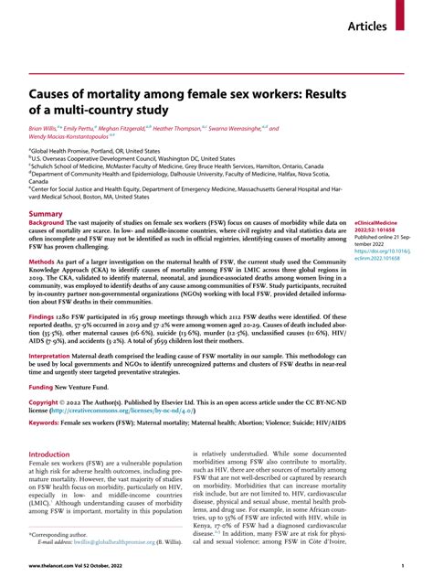 PDF Causes Of Mortality Among Female Sex Workers Results Of A Multi Country Study
