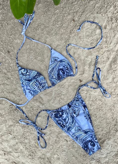 Blue Paisley Print Triangle Bikini Top Luxsea Swimwear