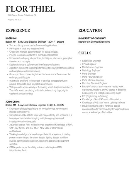 Entry Level Electrical Engineer Resume Samples Velvet Jobs